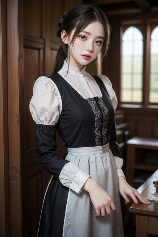(masterpiece, best quality), 1girl,   <lora:maidane-nvwls-v1:1> maidane, twin braids,| hat, maid uniform, black dress, apron, long sleeves