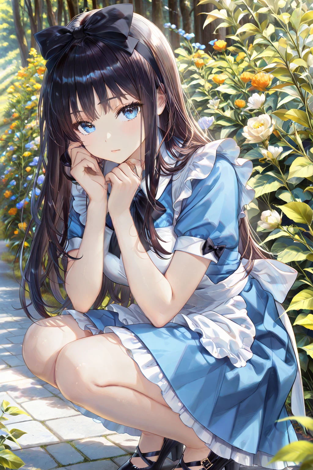 A girl in a blue dress is bowing. There are colorful flowers all around.
