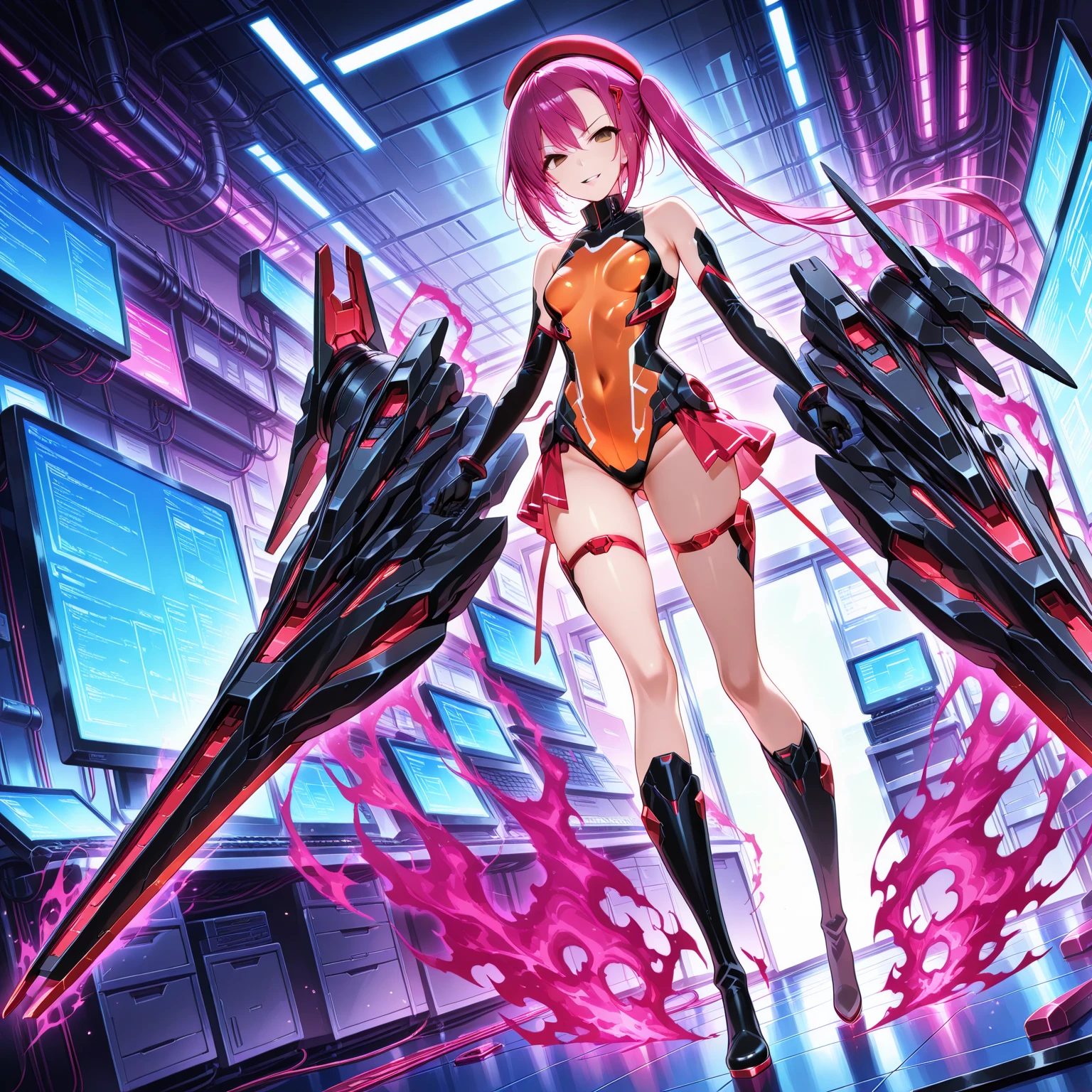 ,1figure_girl,(:1.5), (short_ponytail:1.3), (light_whitish_purple_hair:1.3),black_mechanical_armor_parts,white_breasts_parts_red_black_body_suit,bare_shoulder,bare_slender_thighs,medium_breasts,on_the_desk, desk_background,Stinging_eyes,sleepy,thighhigh_greaves,gauntlets,dynamic_posing,bare_frank,metal_red_parts_armor,red_eye,
fists,hold_weapon,glare,navel,large_mechanical_parts,happy,waist_armor,open_mouth,rise_legs,apart_legs, (covered_navel:1.3),(very_long_bangs:1.3), (hair_over_one_eye:1.5),(long_bang_covers_right_half_of_face:1.5),
(covered_pussy:1.1),covered_breasts,