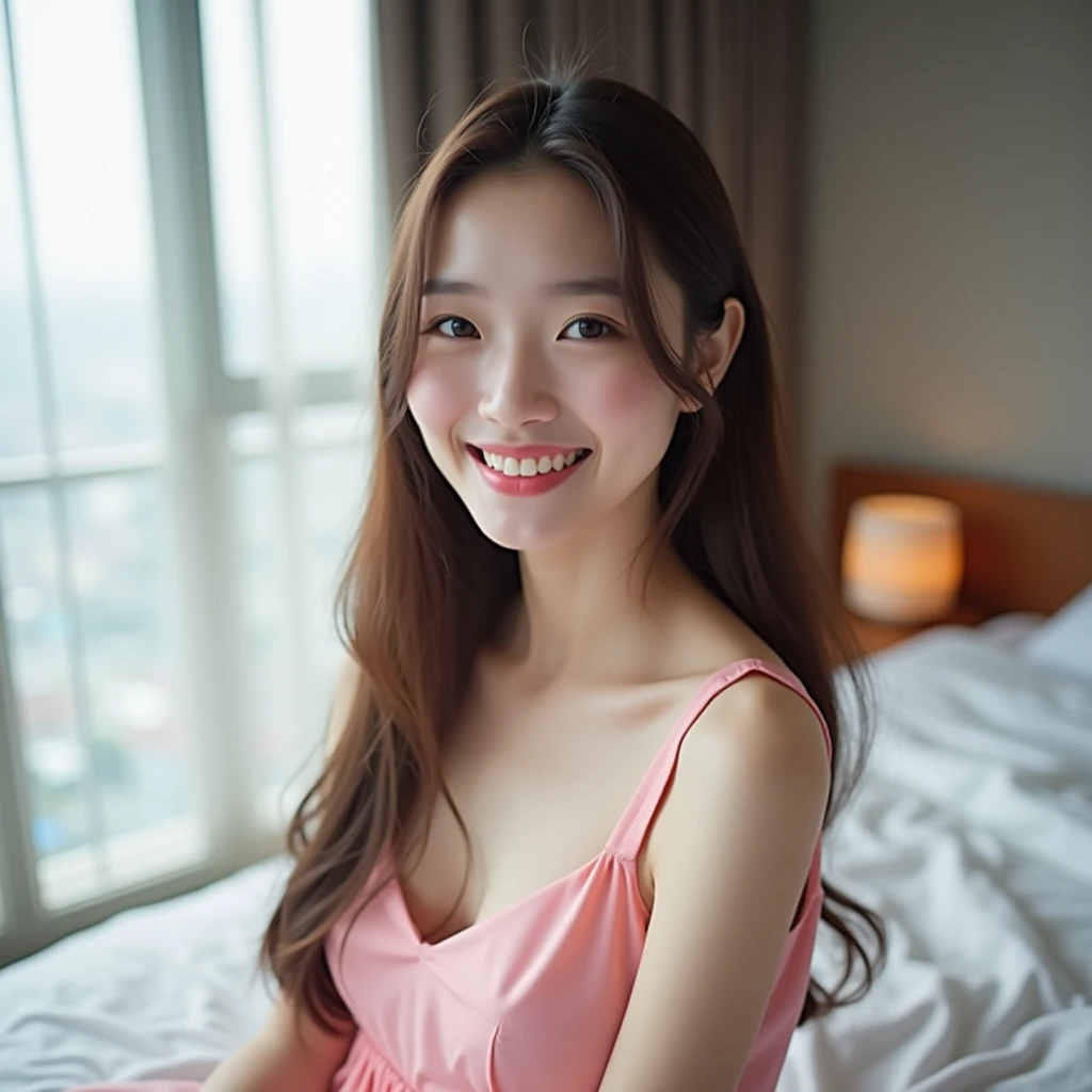 korean with long red hair, Grinning, Caucasian skin, white dress with bunny ears, Selfie
