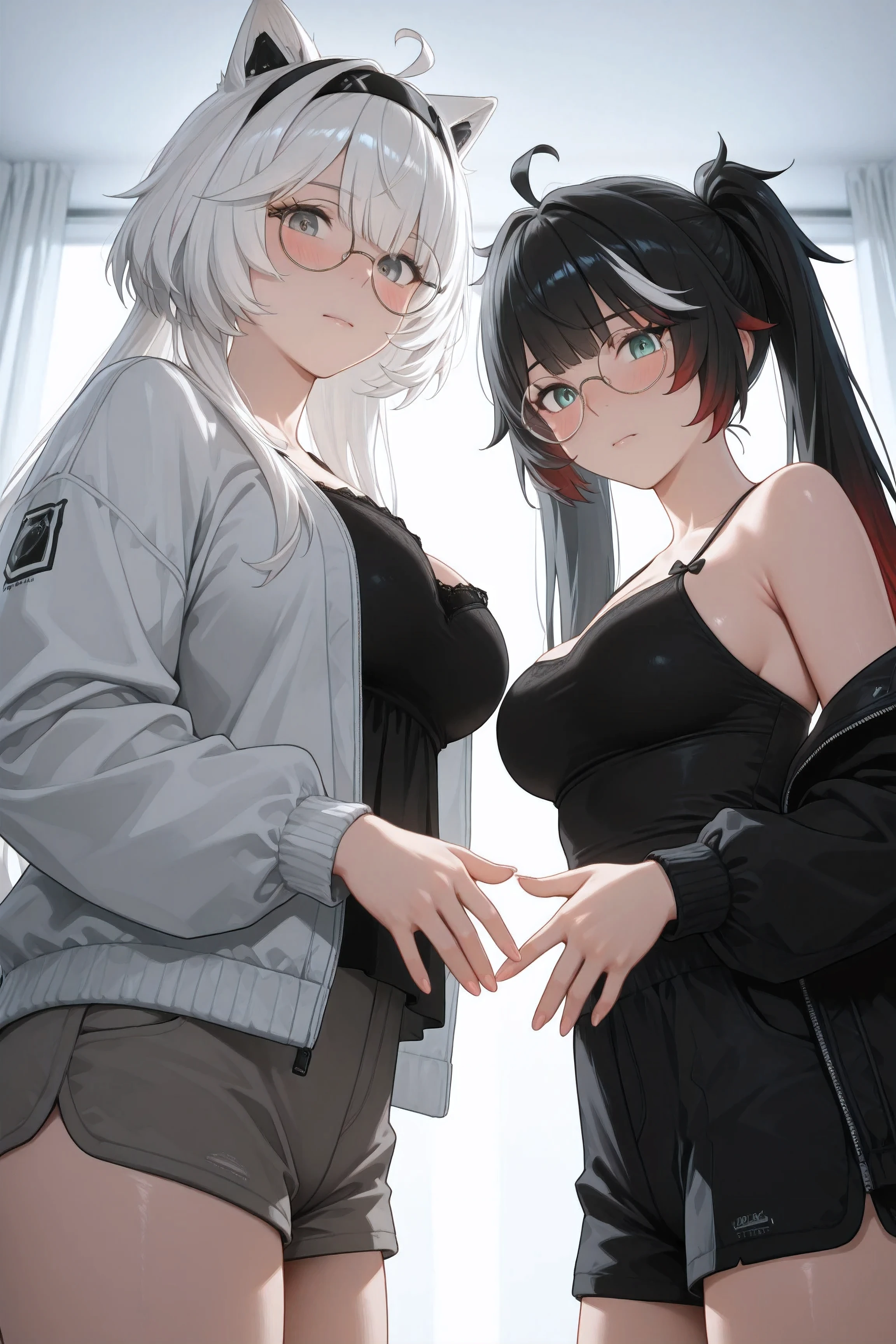 (NSFW:1.1), A Realistic image, extremely sharp focus, crisp details, high resolution, low light, cinematic lighting, 4K, 8K. 2girls, multiple. (correct anatomy and detailed hand). side view, low angle. a detailed, high quality rendering of  2girls. (Lucia: Plume wears beautiful, detailed round eyeglasses, wears string camisole, and shorts. She has a beautiful big breasts. she has a beautiful face details, a beautiful detailed aqua eyes, black hair, twintails, streaked hair, gradient hair, detailed hands, five fingers and a real human skin texture, her expression is embarrassed and she looks at the viewer). (No.21 wears beautiful, detailed round eyeglasses, wears string camisole, bomber jacket and shorts. She has a beautiful big breasts. has a beautiful face details, a beautiful detailed grey eyes, black hairband, ahoge, animal ears, white hair, detailed hands, five fingers and a real human skin texture, her expression is embarrassed and she looks at the viewer). Interior design. The background has highest detail, detailed background and depth of field.