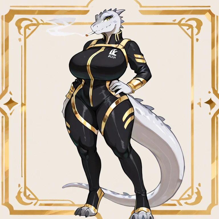 Busty female reptile, golden dragon horn,Covered with shiny black scales. Wearing a sleek and simple golden sexy bikini armor. . .Holding a spear,Posture straight,Full body portrait,Expression smile,Large Breasts,Pure white background,Very Very Intricate Uterus Tattoo