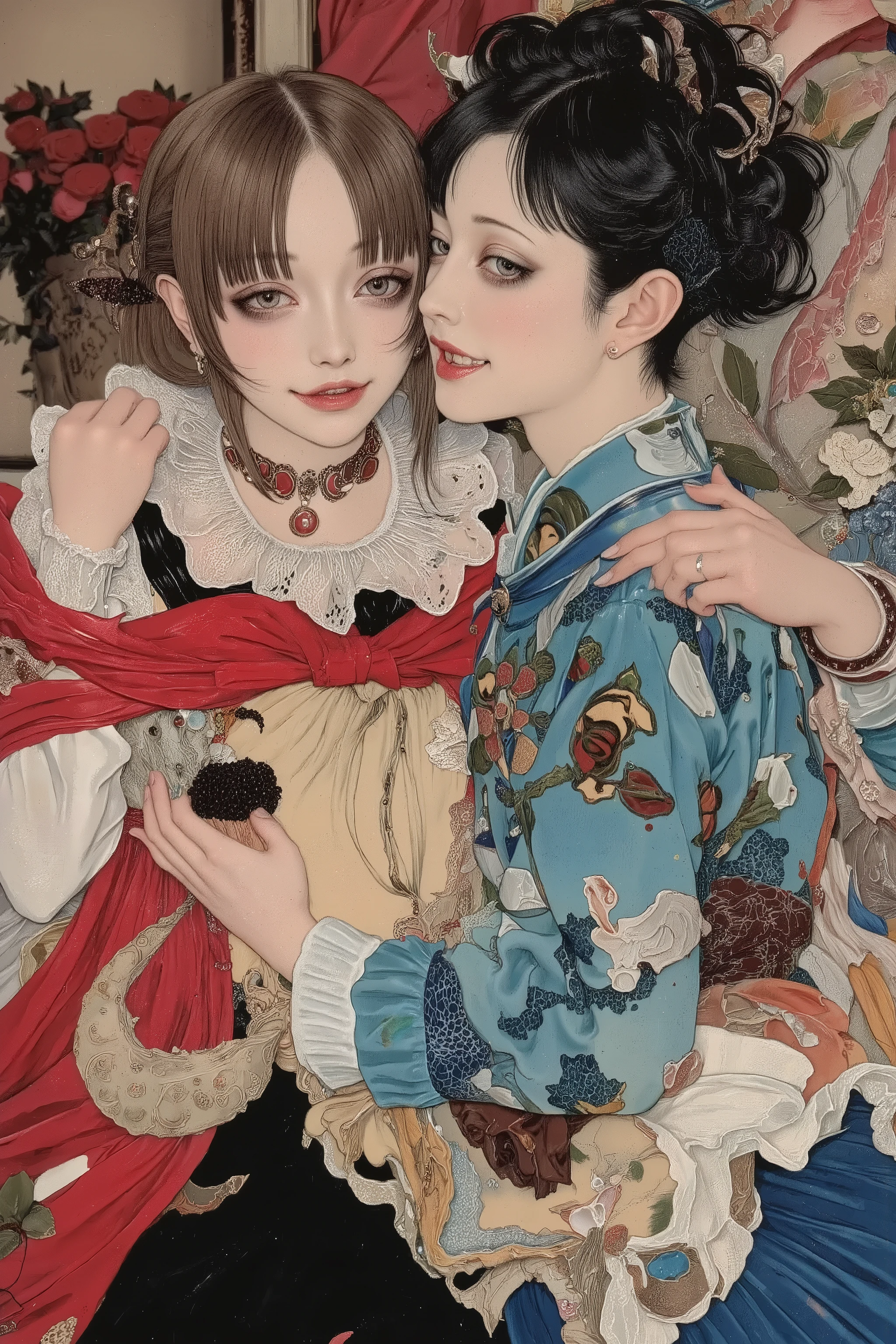 Beauty and the Beast from disney,dancing,Ballroom,fairy-tale atmosphere,colorful,vivid color,semi realistic image,detailed,Michelangelo Buonarroti style,Gustav Klimt style,ito jakuchu,nihonga,Scary Ukiyo-e,