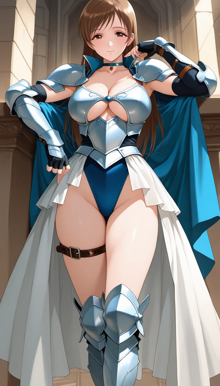 Animerealistic eyes,best quality, high resolution, pixiv, attractiveness,anime girls, beautiful anime girl, Knee-length boots, long Gloves, Beautiful attractiveness Anime Woman,long eyelashes,knee-length socks, ((detailed face, blush:1.2)),Gloves, lether elbow Gloves,laugh,sign of peace,Long Beautiful Legs,ribbon in hair, (soft texture:0.75, realistic texture:0.65, realistic:1.1, Animation CG style)), long Gloves, hentai,whole body,Magical Warrior Sweet Knights 2 ~Matcher Hanran, true blue, Kanzaki,aoi,Sweet lips, looking at viewer, butt exposure ,standing ,,High-cut leotard, high leg, Dig into my butt,Beautiful toes, One leg up