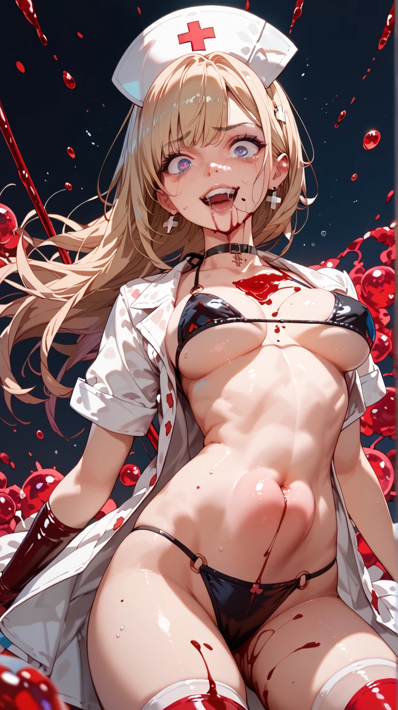 ((masterpiece)), ((best quality)), ((grotesque and splatter)), beautiful girl, curvy, tall, exposed belly, belly button, big breasts, femdom, slaughter, bloody white dress, Blood on the body, Bloody, Blood on the belly button, Blood on the belly, Blood on the breasts, tall, bloody knife, bloody sword, bloody belly, war, fight, kill, Behead, shot from below, POV from fallen enemies, sensual, Blood on the breasts, smile, spattered by much blood, having a big bloody sword, reflecting blood on the whole body, looking down on me, massaging breasts, getting excited sexially, kill everyone, blood splatter, cruel, background with battlefield, cut off head of man, holding a severed head