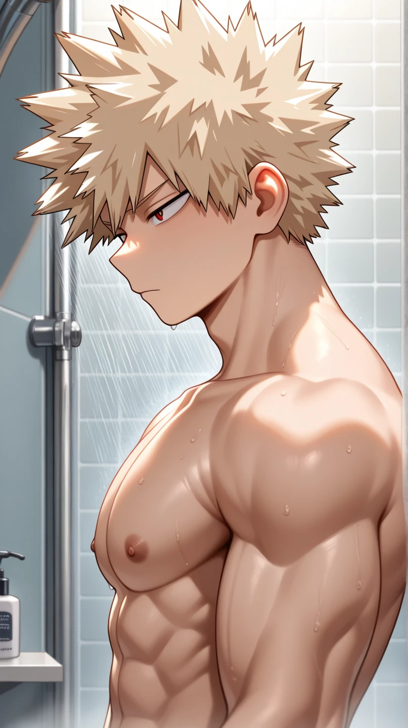 handsome man, male face, detailed face, muscular, Jujutsu Kaisen Yuji Itadori, Dark Pink Hair, taking a shower in the locker room, totally naked, wet, big dick, cum