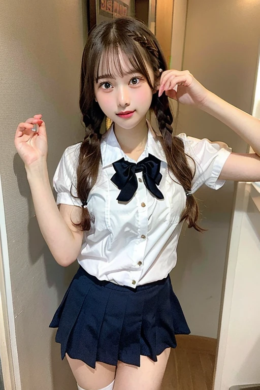 highest quality、Put your arms down、Put your hands down、figure、 Cleavage、Ultra-detailed、High resolution、8k wallpaper、Perfect dynamic composition,、Beautiful fine details、Natural color lip、Bold sexy pose、smile、18-year-old girl、cute、Sexy shot looking at the camera、(highest quality: 1.3), (masterpiece: 1.3), (Super Detail: 1.3), (One Girl: 1.1), (Detailed hands and fingers:1.2)、(Ultra-oily, lustrous skin with attention to detail:1.1)、Oily shiny knee socks、(The perfect school girl uniform:1.3)、Short-sleeved shirt with front opening、Cleavage、sexy、(Beautiful shapely small breasts:1.3)、(Red mini skirt:1.2)、I can see your thighs、Brown Hair、Twin tails、Beautiful sister、Yellow wall,sexy、I can see your thighs、