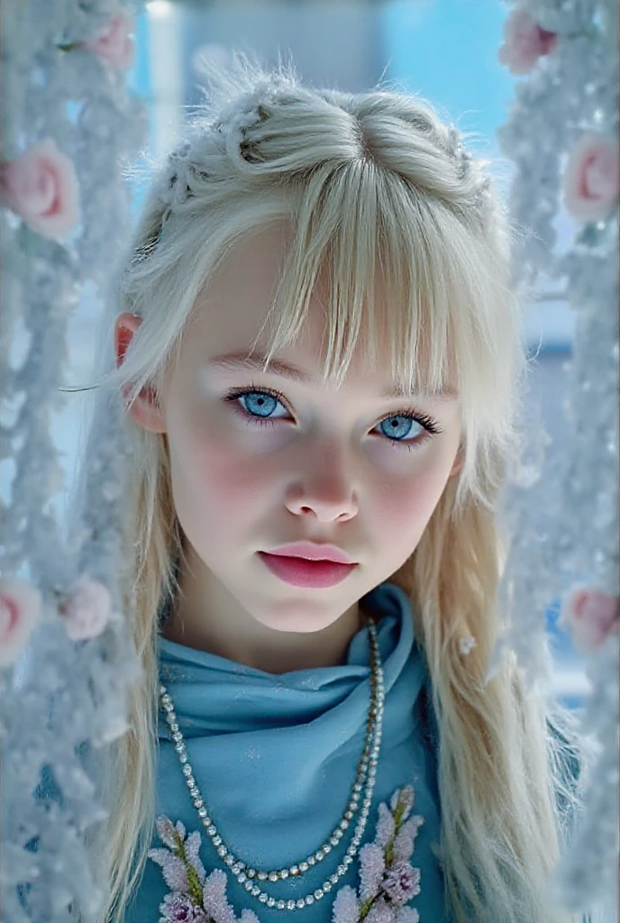 10 year old girl Russian child with long hair BLONDE, PORTRAIT, BLACK FUR COAT, ICE, ICE, LOTS OF ICE,