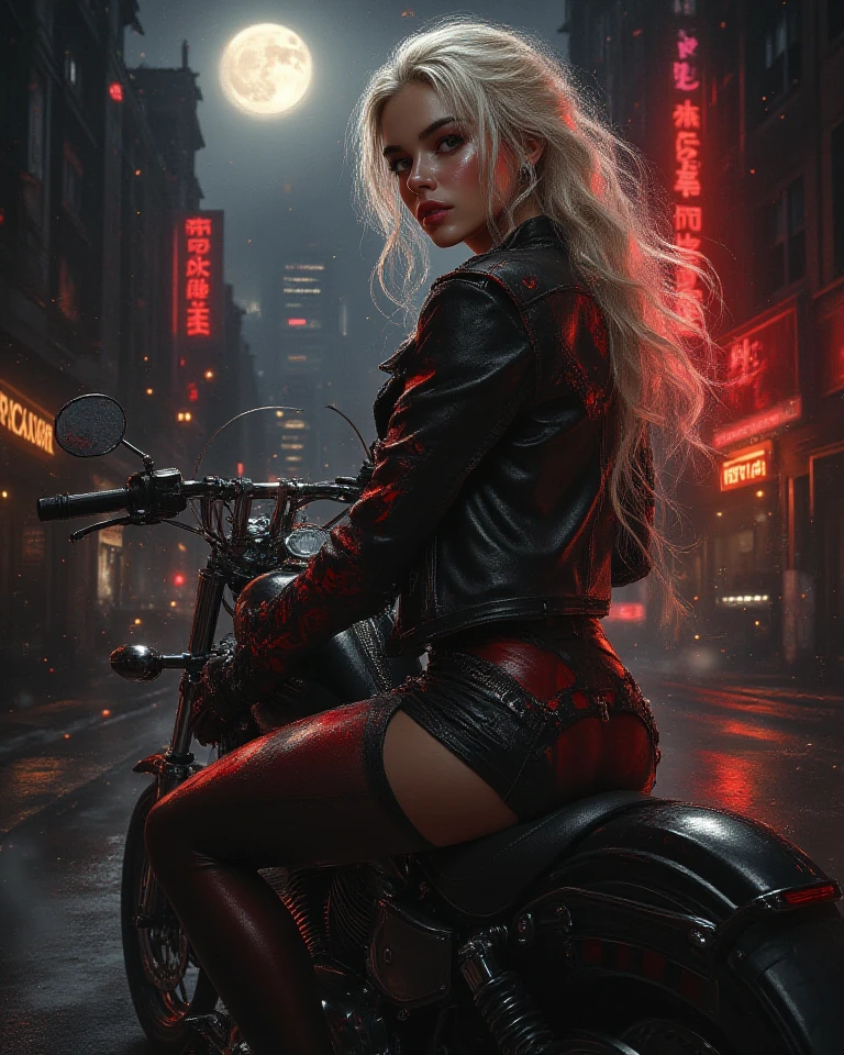 close up of woman on motorcycle with full moon in background, dark fantasy style art, dark fantasy art, fantasy dark art, in style of dark fantasy art, gothic fantasy art, dark fantasy artwork, harley quinn, dark fantasy style, Horror Art Dark Fantasy, cool view, in the style of Anne Stokes, Abaddon and Magali Villeneuve