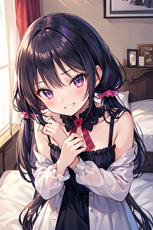 1girl, ((A girl lying face down on a bed, facing the camera)), (panties)、(Gal makeup)、((evil grin)), (10 years old girl), (I'm lying face down on the bed)、((breast))、Cute hair clip、(Beige hair)、(Fluffy hair)、Thighs, Camisole、on the bed、((heel)), Bend your knees、(focus heel)、1boy, (penis), ((eject cum),