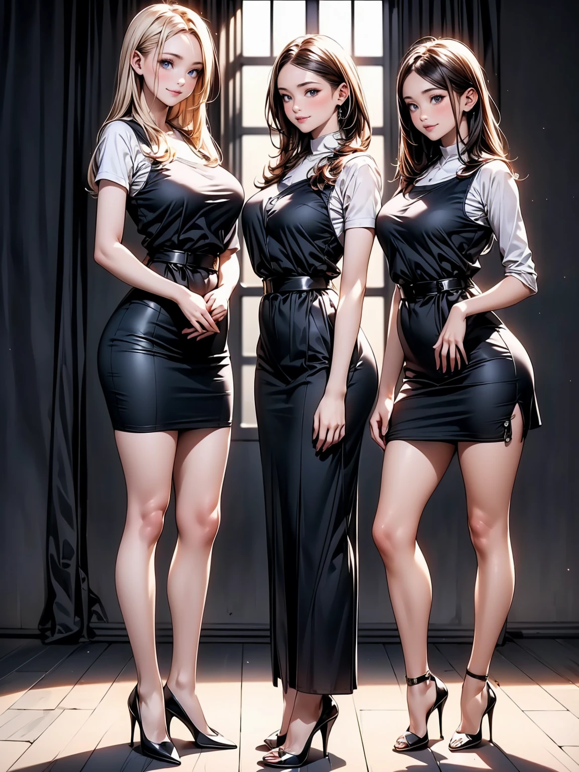 (nsfw:1.5 pubic hair) Ultra-precision 16k, masterpiece (Ultra-high resolution) Complex and detailed ((photo realistic)) Intricate details (((Full-body showcase, Showing the whole body in perfect detail))) Flight attendant black and gold uniform Office lady uniform Mini skirt suit uniform Business suit uniform Blue and black blazer Flashy belt Blue and black pencil skirt Gold necklace visible through low-cut outfit Sparkling light Balanced composition Sophisticated design Beautiful, slender, bare legs with exquisite pointed toe stiletto heels Highly detailed beautiful woman with slender body and beautiful breasts Highly detailed face Beautiful eyes with well defined proportions Perfect eyes Captivating eyes Beautiful detailed eyes Thin eyebrows Precisely shaped nose Smiling lips City street Highly detailed, straight long hair with silky long bangs Crystal clear white skin Clear eyes Pink thin lips Accentuating body lines Model only Seductive older woman Unrivaled beauty Perfect legs Perfect five fingers Slender body Small hips Black small thong panties Beautiful breasts exposed I&#39;m confident in my beautiful legs. I have a slim body and slim thighs. Please show me your small, light pink, realistic nipples. Squatting in a busy street in Hong Kong. 