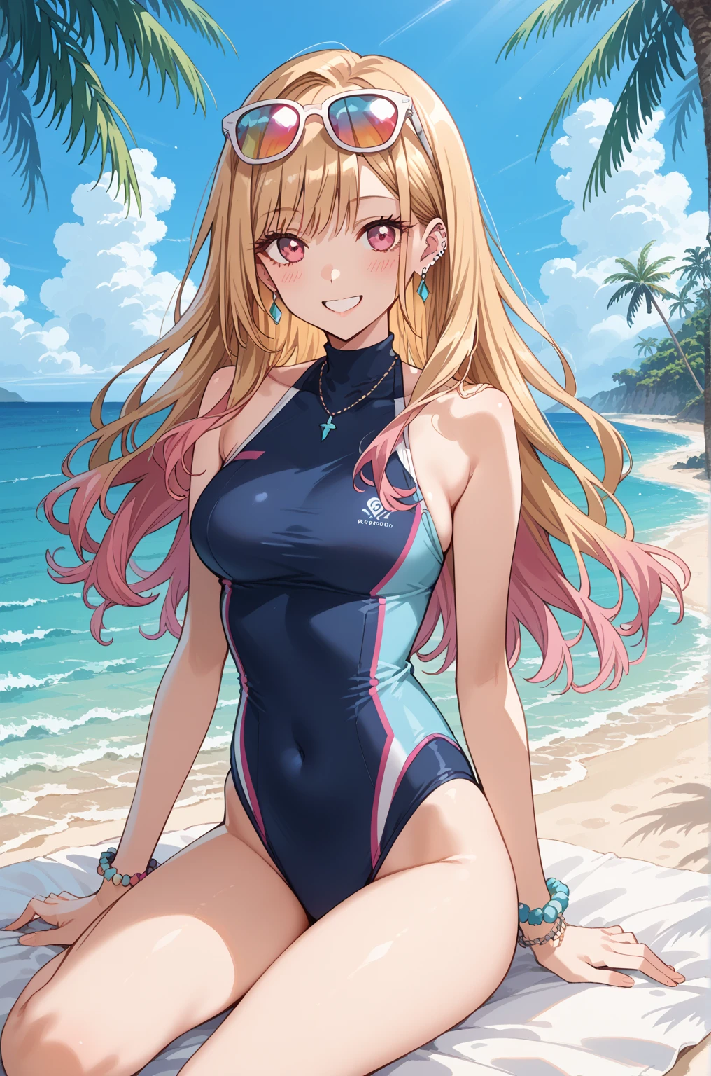 Hoshino Ruby、Good looking girl (Long blonde hair with square bangs, Big Red Eyes, One-eyed star,blush, Perfect Face), independent , looking at the camera, masterpiece, Anime art style, Cute Characters, Most detailed, high quality、Nico Nico Smile、Blonde、Long Hair、Coming to the sea、I'm wearing a cute swimsuit、Sexy Swimsuit