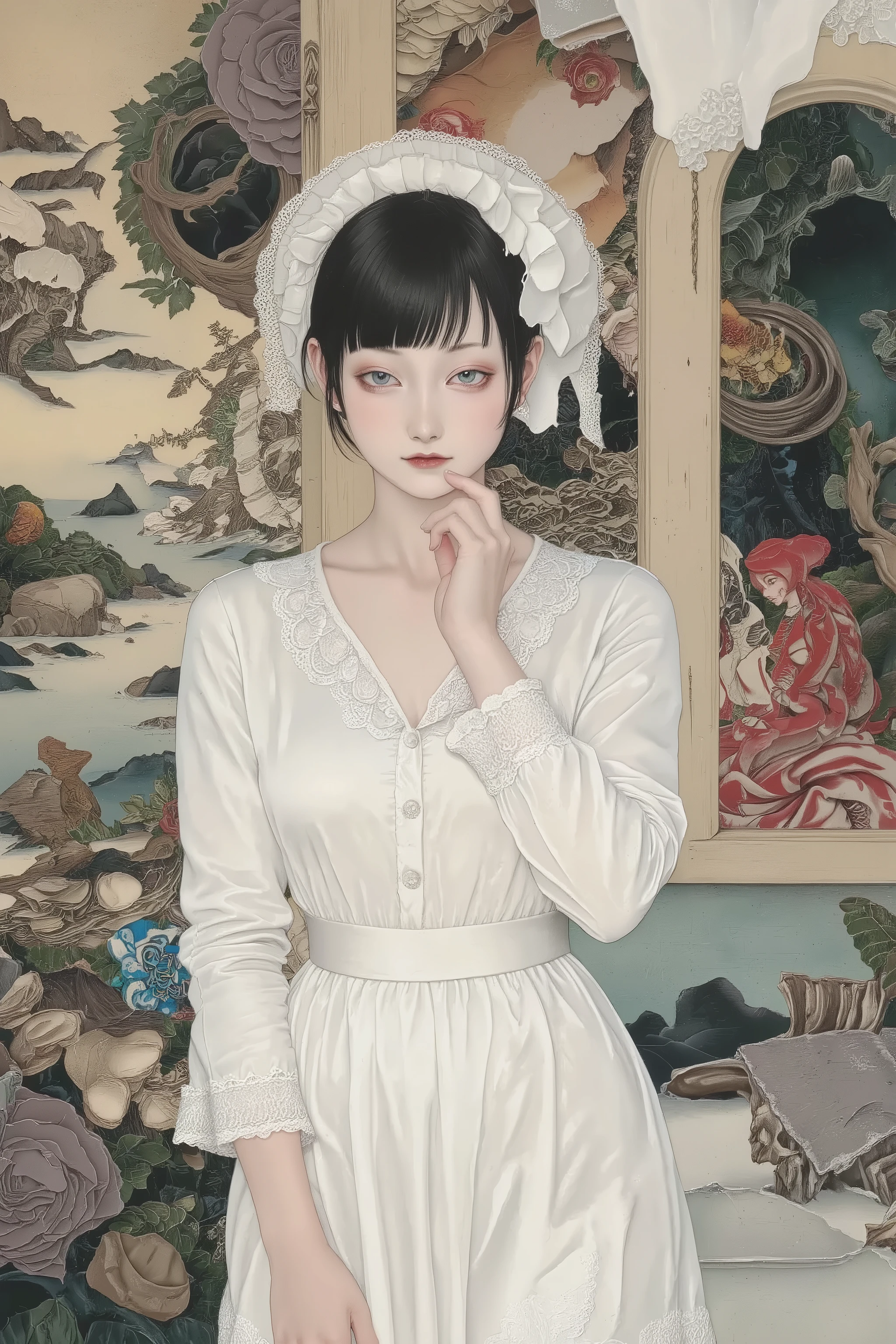 1 girl,side face,wearing white dress,window,landscape,sea,fairy-tale atmosphere,colorful,vivid color,semi realistic image,detailed,Michelangelo Buonarroti style,Gustav Klimt style,ito jakuchu,nihonga,Scary Ukiyo-e,