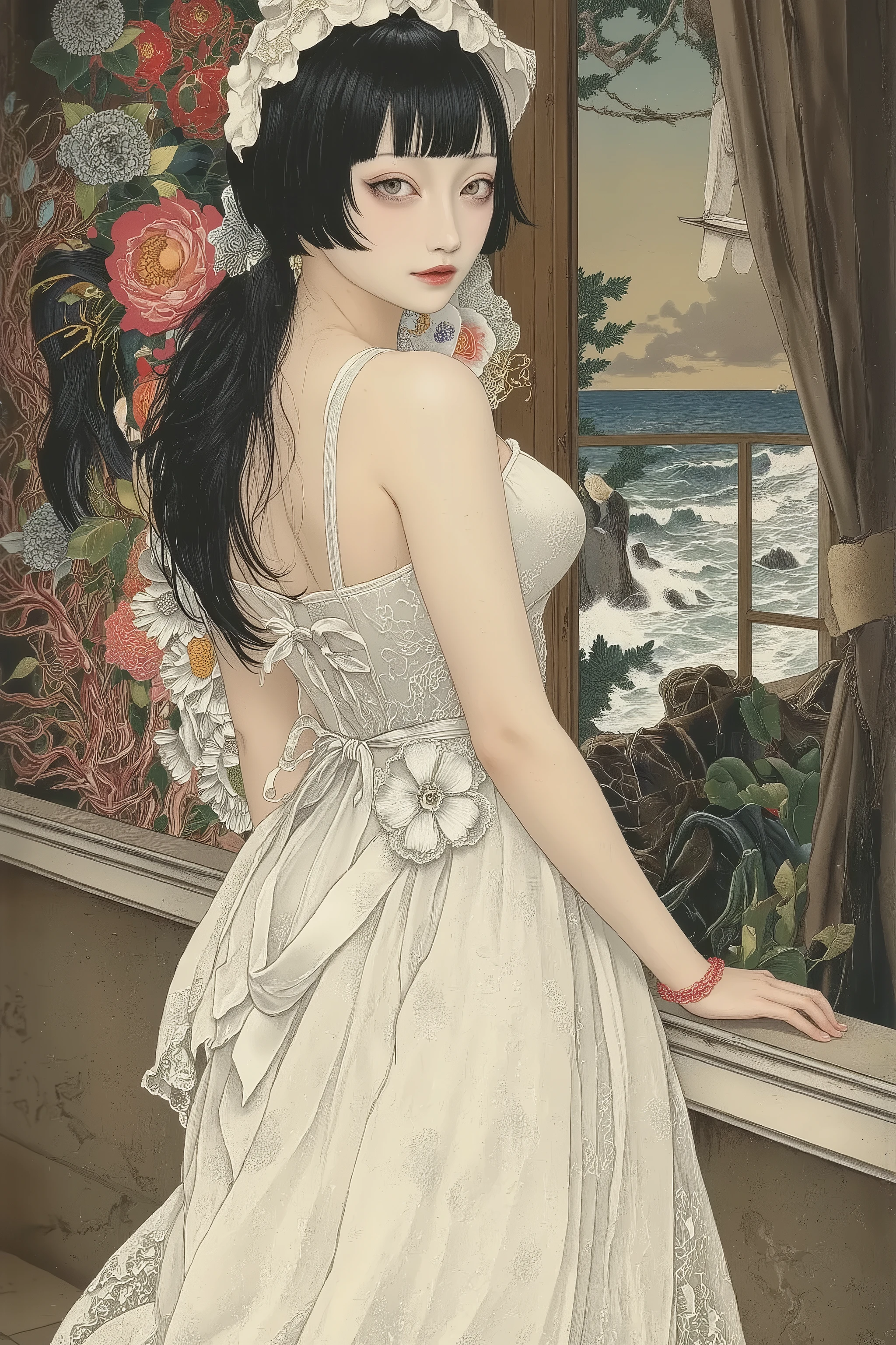 1 girl,side face,wearing white dress,window,landscape,sea,fairy-tale atmosphere,colorful,vivid color,semi realistic image,detailed,Michelangelo Buonarroti style,Gustav Klimt style,ito jakuchu,nihonga,Scary Ukiyo-e,
