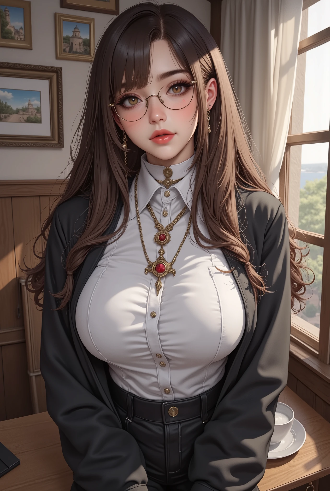(1 girl:1.3)、solo、__body parts__、official art、unity 8k wallpaper、super detailed、Cosmetology and aesthetics、big breasts beautiful、master piece、best quality、fantastic atmosphere、calm color palette、feeling calm、soft shades、sexy nun、、 ((((giant glasses, otaku glasses, thick glasses, round glasses)))),(((big breasts)))、charisma spell、vignette、Duties of a nun、look at the camera，light smile，the biggest：1.4