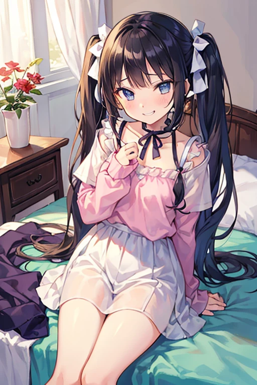 (top quality, best quality, beautiful and aesthetic:1.2), (1girl:1.3), wavy long hair, light brown hair, honey eyes, portrait, looking at viewer, solo, (full body:0.6), detailed background, close up (girly room theme:1.1), shy, sweet, sitting at bed, pink and white nightgown, bunny plushie, messy sheets, soft (room interior:1.1) background, window lacy curtains in background, morning soft lighting, wind from window
