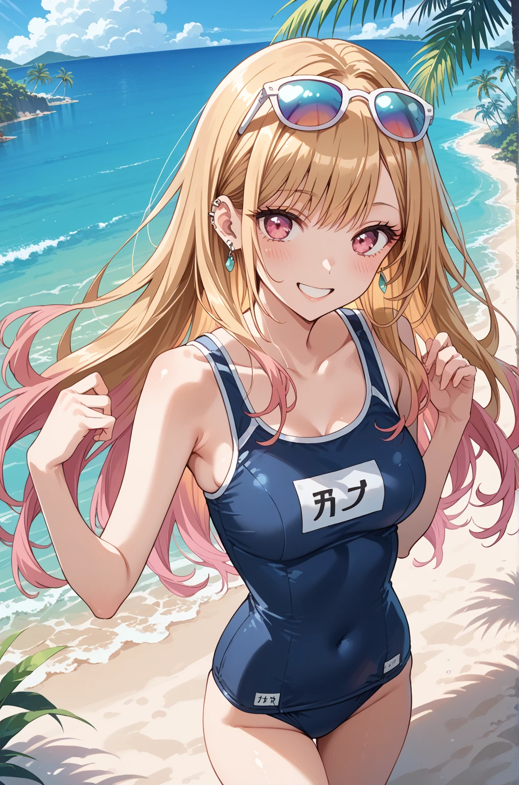 ultra high quality illustration, anime, high quality , 8k, masterpiece, realistic human female, realistic proportions, detailed face, smooth soft skin, realistic dreamy eyes, beautiful intricate colored hair, symmetrical, intricately detailed hair, soft lighting, detailed eyes, beautiful, (looking at the viewer), smooth skin, perfect skin, (beautiful detailed face), Hinakura Riko, long hair, looking at viewer, blush, smile, bangs, blonde hair, shirt, standing, yellow eyes, wetsuit, short sleeves, outdoors, sky, shorts, day, cloud, blunt bangs, water, tree, blue sky, beach, cloudy sky, hands on hips