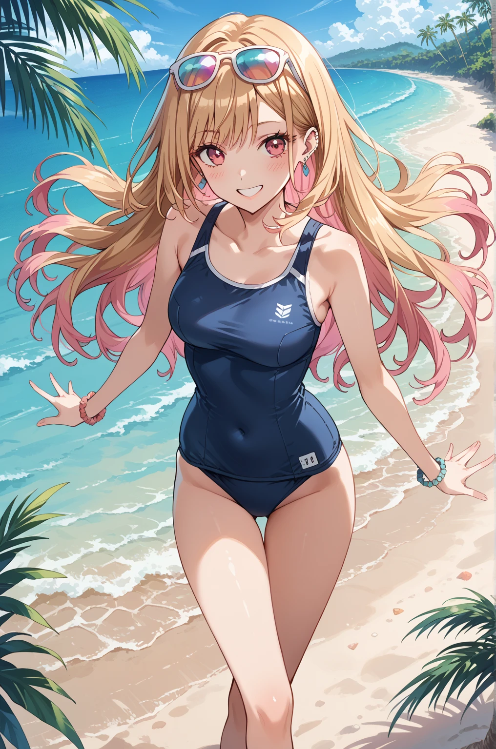 Best quality, tmasterpiece, Incredibly beautiful, very elaborate 8K wallpaper, otherworldly beautiful girl, , (White skin of the), (blonde hair pink gradient hair), Side pony, intermittently, Open your mouth and laugh, Long eyelashes, cosmetics, One eye open, (zoomout, bigger, BigREAK, 夏天, Beachy, (比基尼), Reflection in the water, (Floating water drops blur foreground), (blue-sky), lens flare glow, (water splash), rays of sunshine,swimming uniform