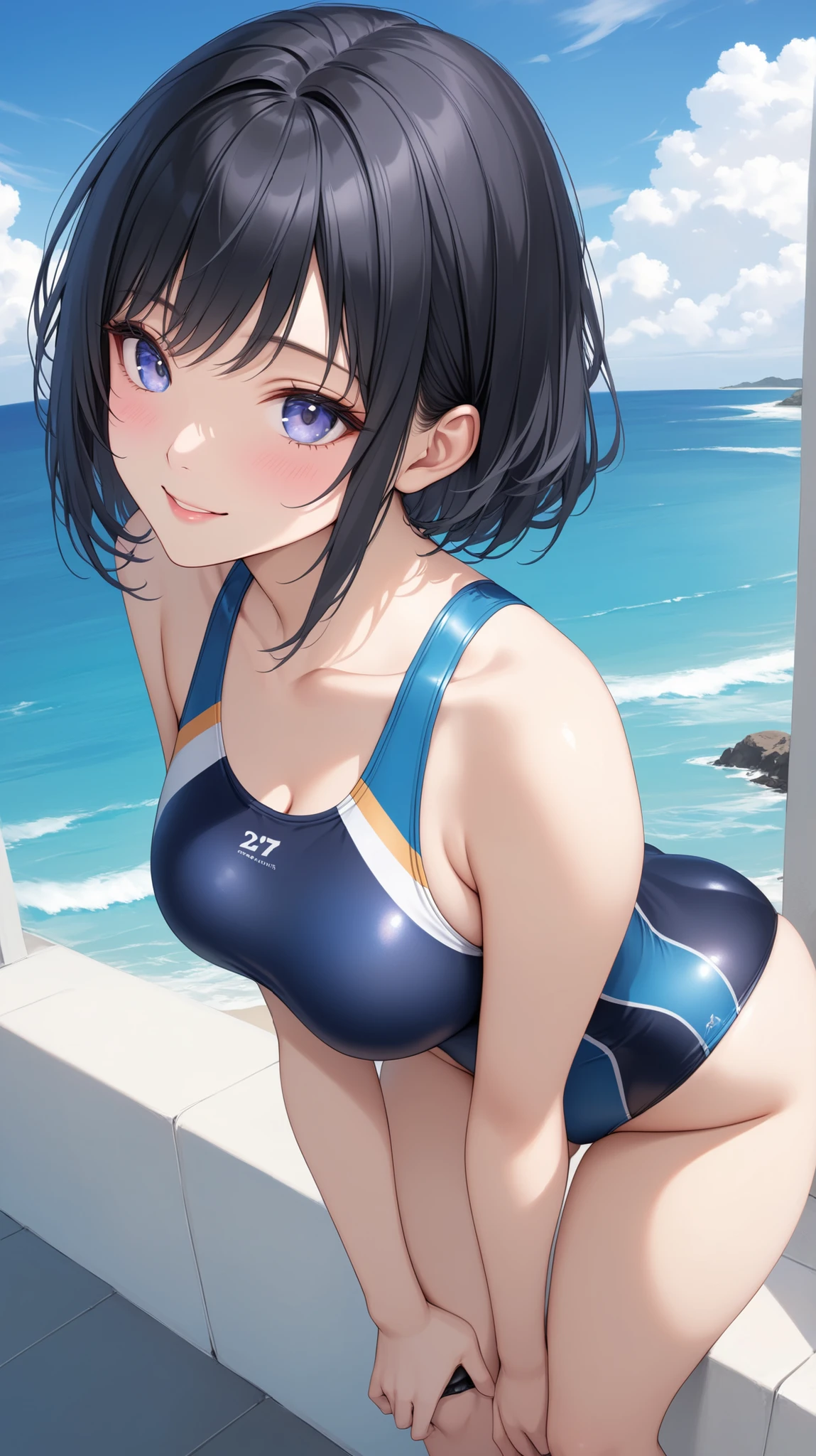 anime woman in a white and navyblue swimsuit on the pool、woman with short dark blue hair、Yellow-eyed woman、bob cut、scarface、is wearing a swimsuit、ワンピースswimsuit、clothing:ハイカットswimsuit、swimsuit、whiteと紺色のタンクスーツを着た女性、ワンピースswimsuit着用、wet swimsuit、whiteと紺色のハイレグレーシングスイムウェア、競泳swimsuit、whiteと紺色のハイレグレーシングスイムスーツ、(anime woman)、on the beach、beautiful woman wearing tank suit、水泳競技用swimsuit、beautiful anime woman、white:7 Navy blue:3、cool woman wearing competition swimsuit、highleg、 cool anime woman、strong muscles、big breasts、woman with very large breastuscular and strong、tall woman、muscular woman、cool atmosphere、cleavage、high school girl、in the sea、beautiful anime woman、anime moe art style、Smooth anime CG art、Also、anime best women、naughty anime style、a woman is standing、!!full body portrait!!、beautiful charming anime teen、