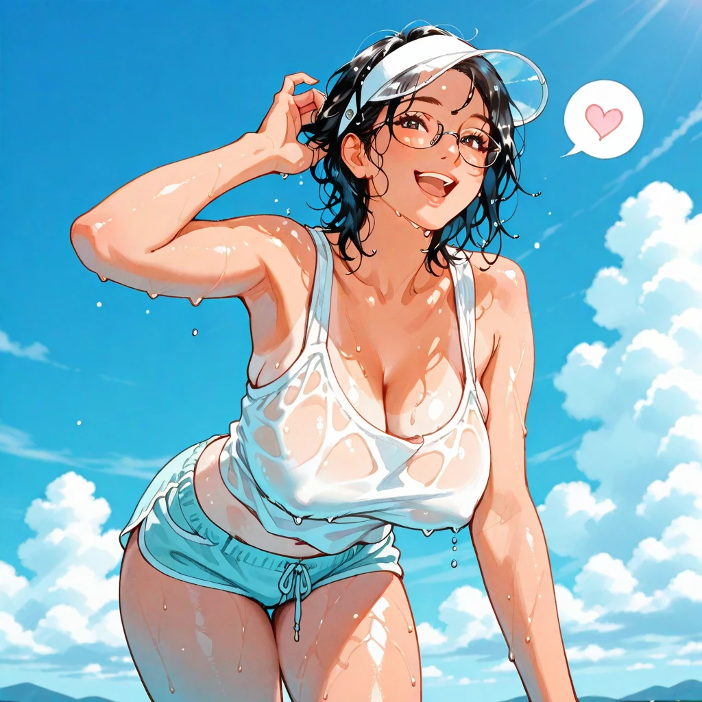 masterpiece, highest quality:1.0, ultra-high resolution:1.0, Beach scene, one girl, alone, captivating view, Swimwear wearing, Arima Ayumi, 25-year-old woman, long black hair in a single pigtail, pink lips, glasses on nose, adorned with one braid, beaming smile.