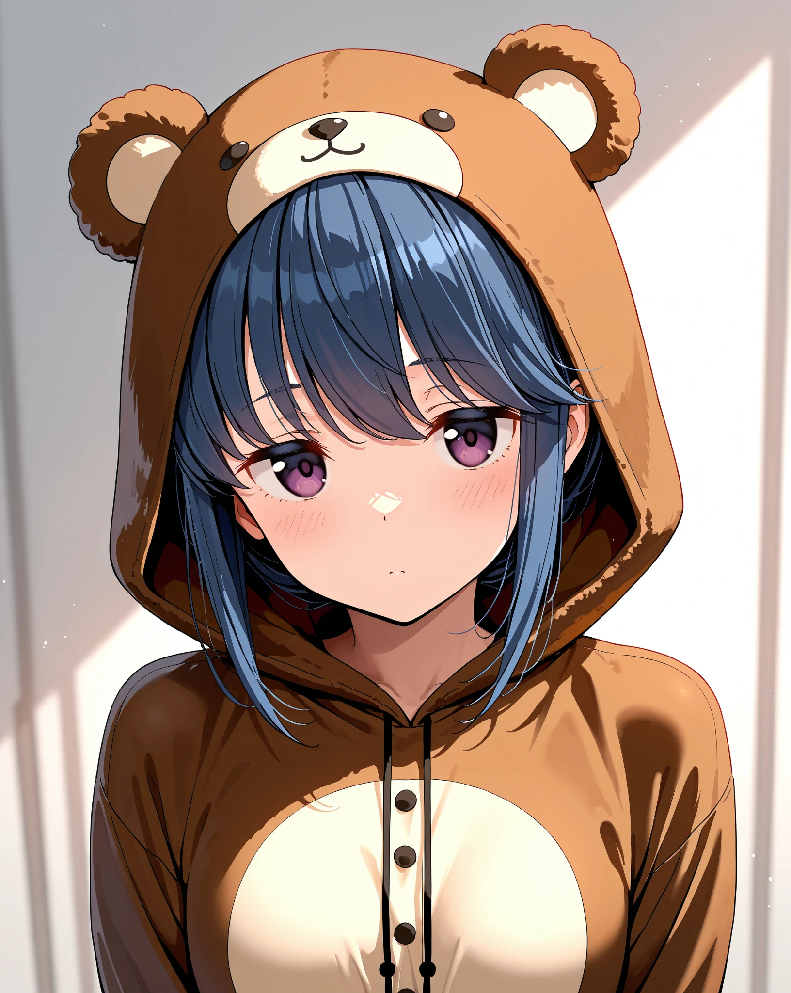 <lora:shioKoubeHappySugar_v10:1> Shio, very dark blue eyes, dark blue hair, wearing over sized tan colored bear onesie with a hood with big bear ears, long sleeves that cover hands, cream colored fluffy bear tail, cute, small, happy, sitting in the living room on a couch, sitting at the table, drinking hot cocoa with little marshmallows and whipped cream and chocolate shavings on top