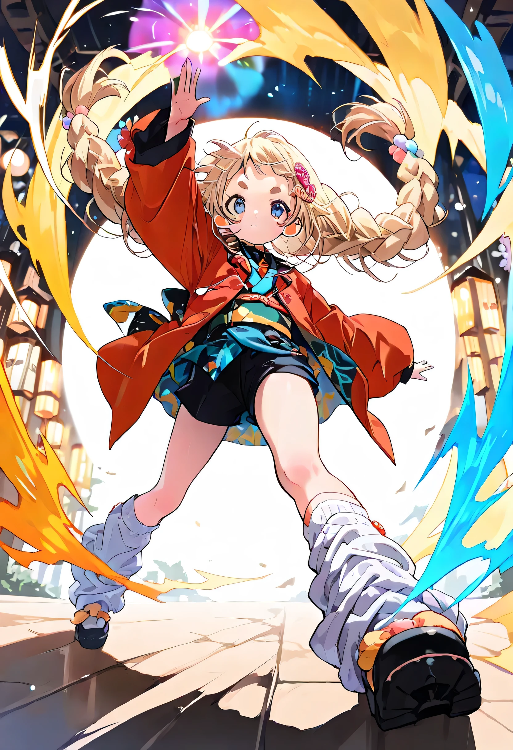 ((1girl)),8k,(Blush Stickers), ((shorts, flat chest, Between clothes, Body Covered, tight Between clothes, Cropped Closing, oversized long sleeve , loose socks , Long Hair, Detailed Clothing Accessories, Japanese, ((Kimono)), full body, See Dynamic Poses, )), thick eyebrows, braids, Beautiful Blonde, (masterpiece), ((top quality)), (Super Detailed), Beautiful girl, Clean Detailed Faces, Five Fingers, perfect human structure, Perfect Anatomy, official art, 高品質な手描きの技術を使ったofficial art, cinematic lighting, stylish pose, Perspective, Long Muffler Swaying in the Wind, Colorful Wind Effects, Perspective,