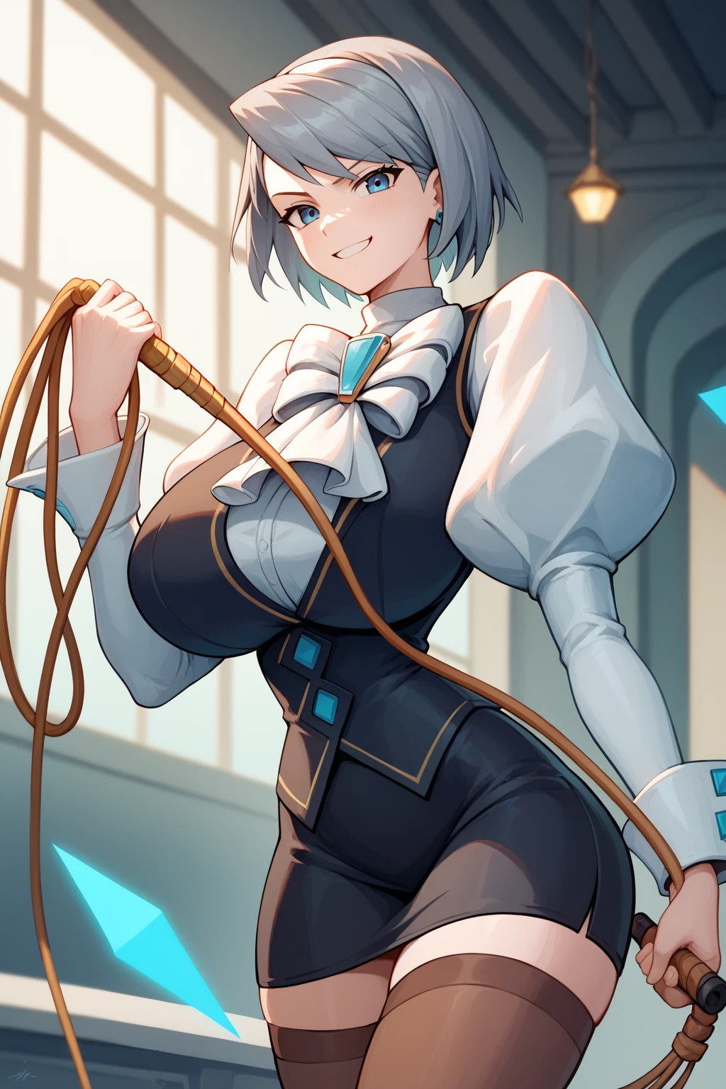 score_9, score_8_up, score_7_up, source_anime, solo, 1girl, aafranziska, serious, looking at viewer, holding whip, ascot, puffy sleeves, pencil skirt, pantyhose, black gloves, jewelry, earrings, indoors, courtroom <lora:aa_franziska_ponyXL:1>
