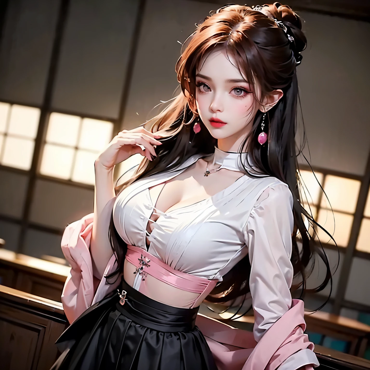 ((best qualtiy)), ((tmasterpiece)), (the detail:1.4), 3D, Beautiful hip skirt female image,hdr(HighDynamicRange),Ray traching,NVIDIA RTX,Hyper-Resolution,Unreal 5,Subsurface scattering、PBR Texture、post-proces、Anisotropy Filtering、depth of fields、maximum definition and sharpness、Many-Layer Textures、Albedo e mapas Speculares、Surface coloring、Accurate simulation of light-material interactions、perfectly proportions、rendering by octane、Two-colored light、largeaperture、Low ISO、White balance、the rule of thirds、8K raw data、