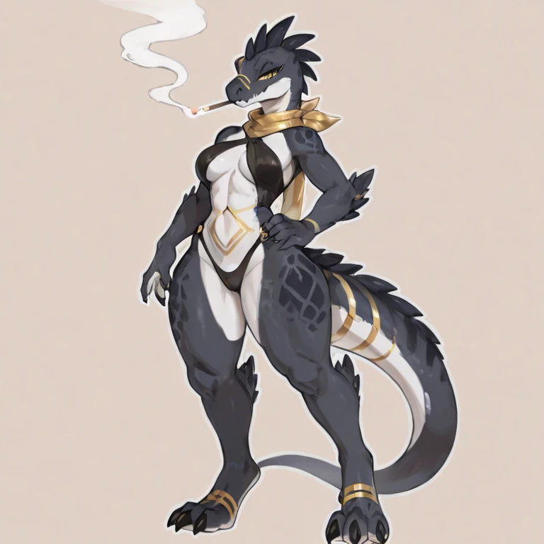 Busty female reptile, golden dragon horn,Covered with shiny black scales. Wearing a sleek and simple golden sexy bikini armor. . .Holding a spear,Posture straight,Full body portrait,Expression smile,Large Breasts,Pure white background,Very Very Intricate Uterus Tattoo