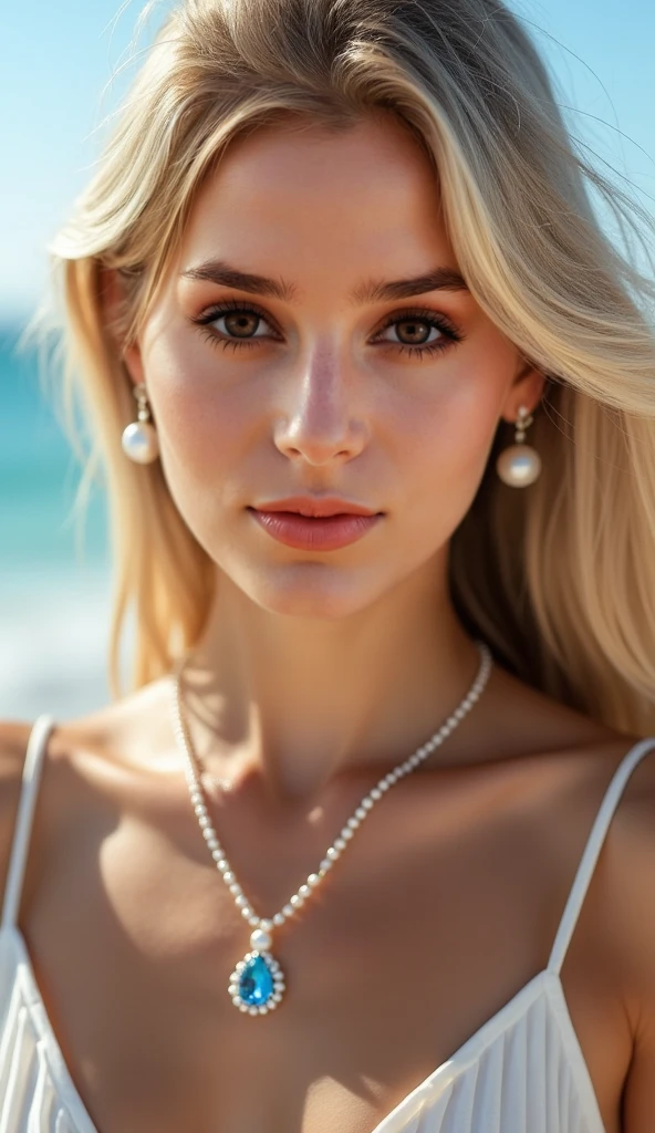 European woman, closeup, (shirt), pants, (sunset blvd), pearl necklace , ZM_samantha, wide shoulders, perfect face, (contact iris: 1.1), pale skin, skin pores , depth of field