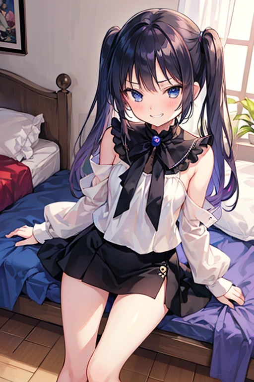 anime style,shota,pink long hair,fluffy bunny ears waitress,
(Reliable blue suspenders for hanging frilly miniskirts),(bare navel and stomach),on bed,laugh,