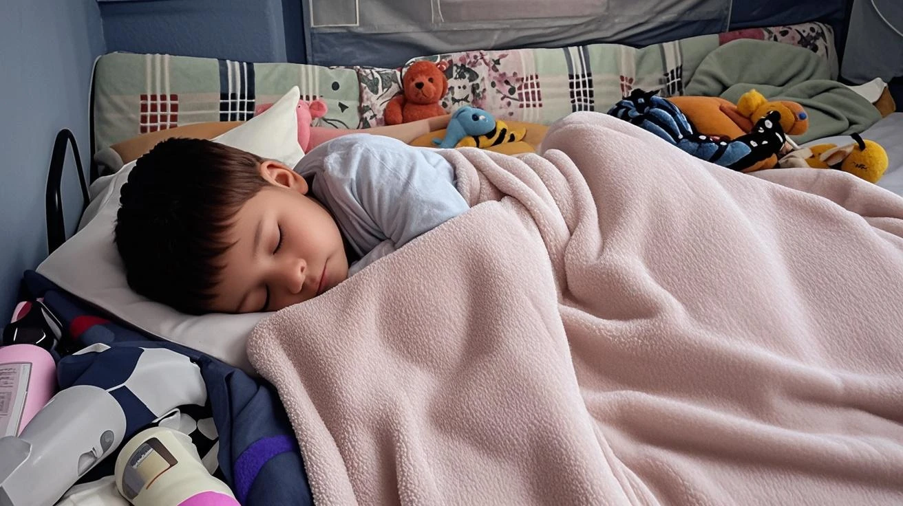 Little boy sleeping under the tent