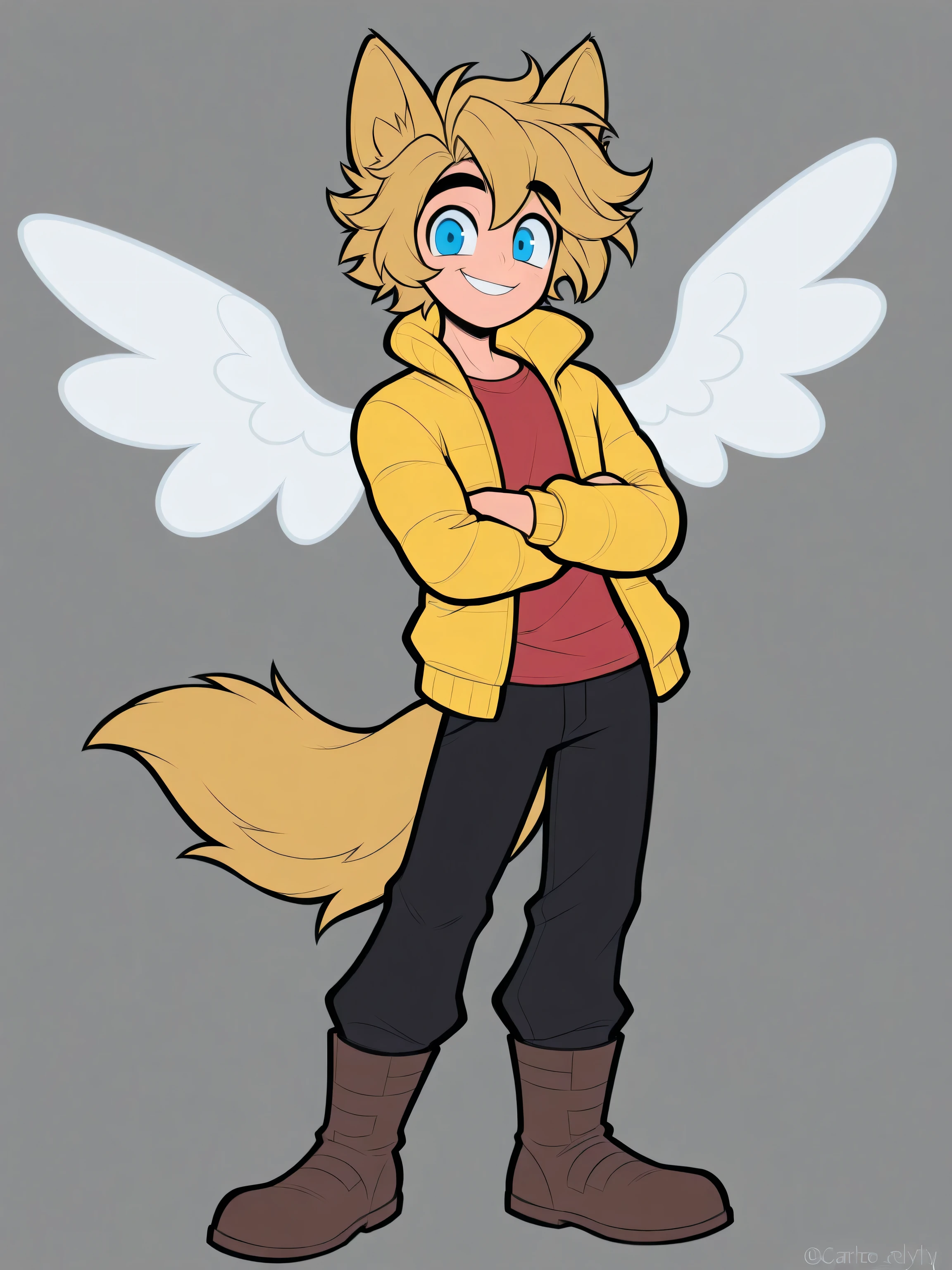 solo, male, tall, crossed arms, man, cartoony style, happy smile, human, strong, adult, messy blonde hair, blue eyes, tall, blonde wolf ears, blonde large wolf tail, white angelical wings, yellow large jacket, red shirt, black pants, brown boots, best quality, amazing quality, highres, absurdres, score_9, score_8_up, score_7_up,source_anime,BREAK,masterpiece
