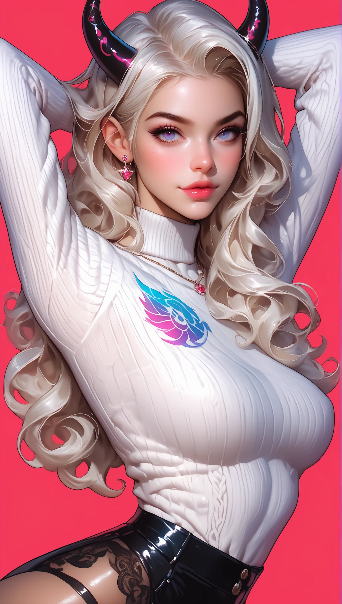 1girl,solo,medium breasts,<lora:GoodHands-beta2:1>,(full body:1.3),<lora:011 Pink gelcoat_v2:1>, ruanyi011,red background,, (masterpiece, best quality, hires, high resolution:1.2), (extremely detailed, realistic, intricate details, highres), 3d, cg,  bbw, shiny skin, , blush,, eyeliner, eyeshadow, eyelashes,, (gigantic breasts, saggy breasts:1.1), (cinematic lighting, sunlight, volumetric), looking at viewer, simple red background, vintage fantasy, 1960s \(style\), film grain,