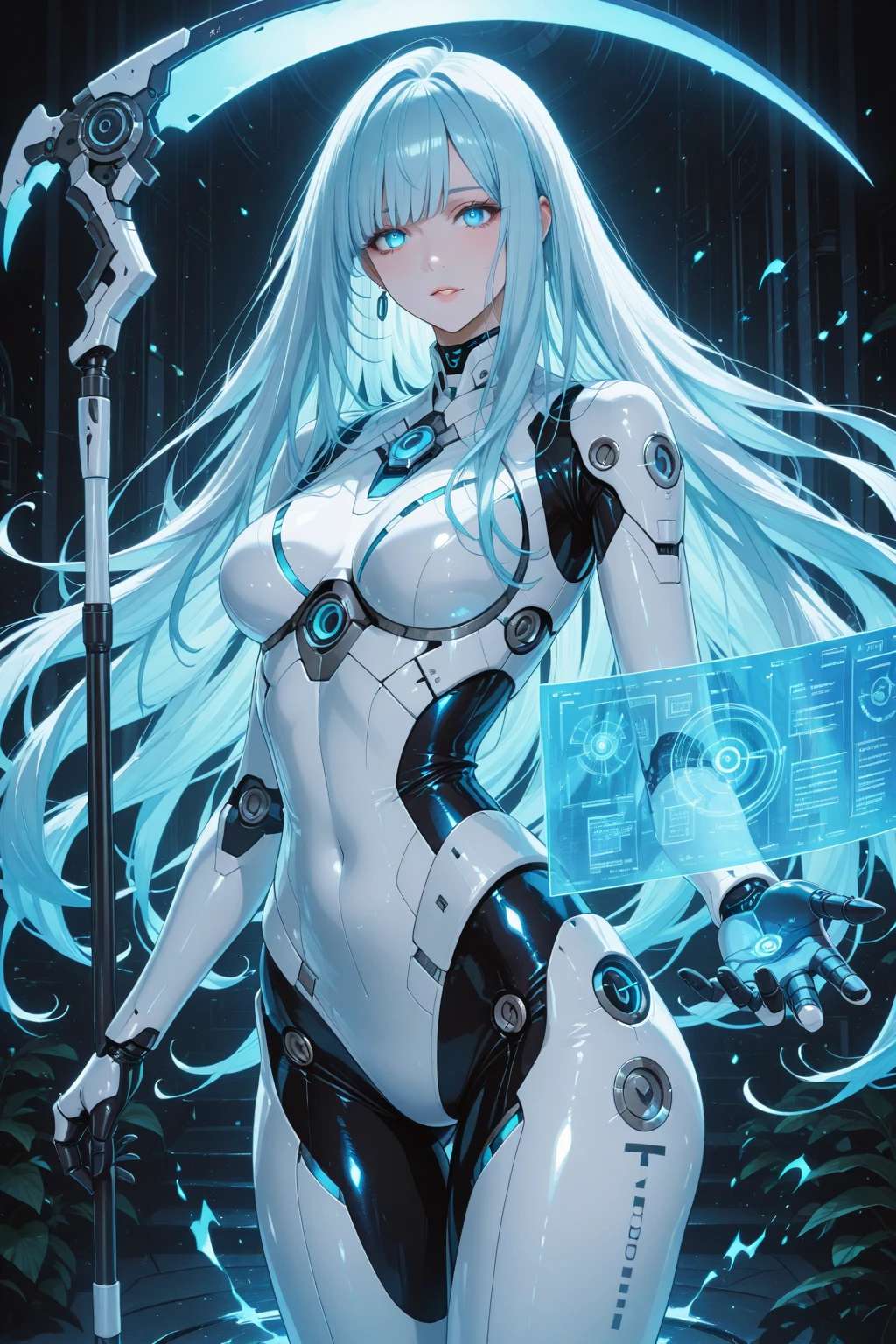 A drop dead gorgeous robotic girl sits in the heart of a dark, hyperrealistic atmosphere. Her sleek, metallic body shines under the photorealistic light, revealing intricate mechanical parts that intertwine with her slender form. Her eyes, Sharply focused and realistic,are fixed on the viewer with a deadpan expression. Long, flowing wires and cables attach to her head and torso, pulsing with an ethereal glow. The mechanical joints in her limbs creak softly, giving away her machine-made essence. The contrast between her delicate, human features and the cold, industrial parts creates an intriguing juxtaposition. The depth of field in this hyperreal, gigantic breasts, full body shot