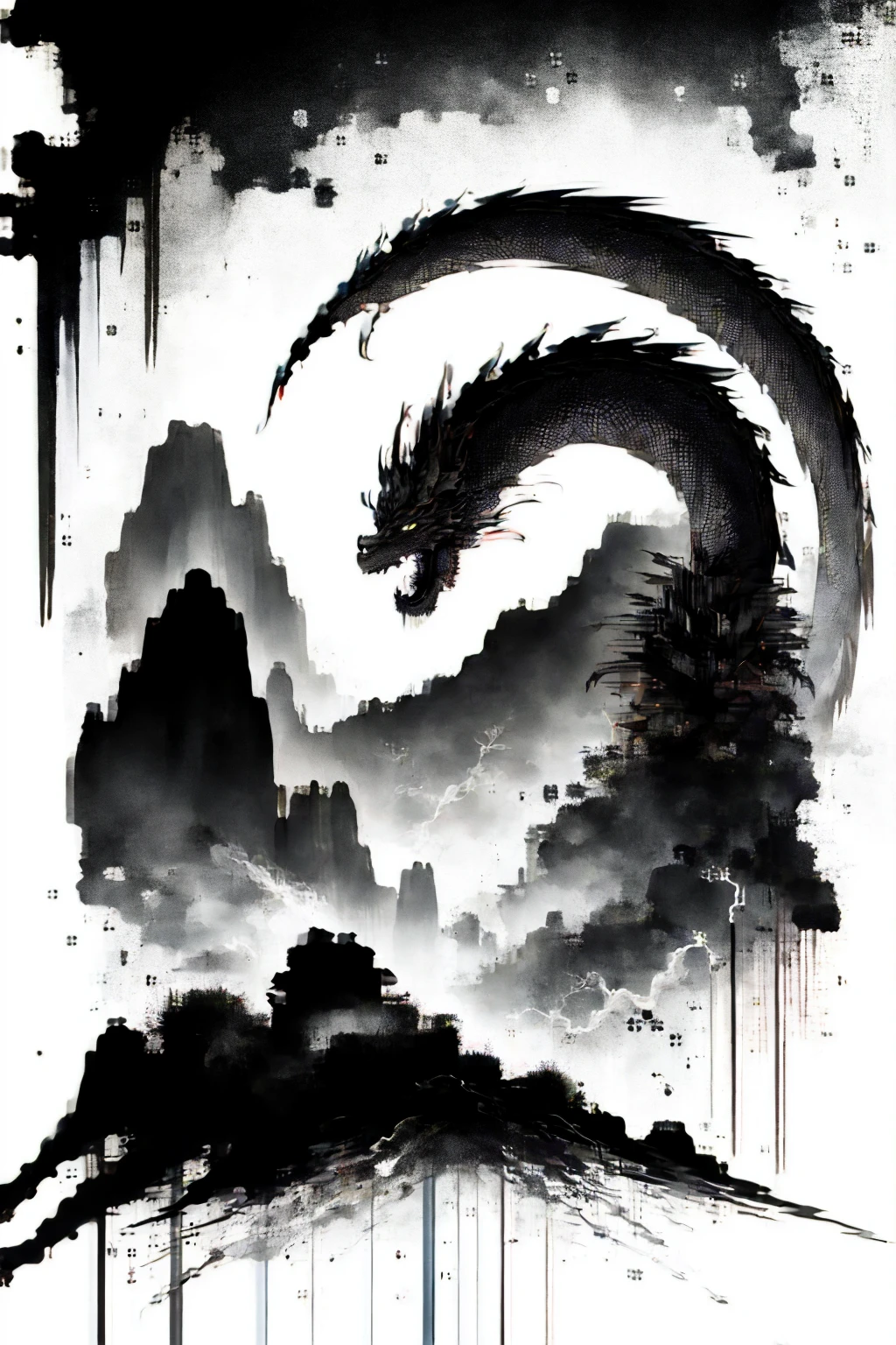 Porcelain Style，The middle scene，A Taoist monk stands in front of a giant blue dragon，The water is transparent，Grow out your long, beautiful hair，Glow effect，Surreal，Ultra-realistic photos，Chinese black and white ink painting，talk，discoloration，soil，Ink-like，8K，Super quality，high quality，Overclocked Renderer