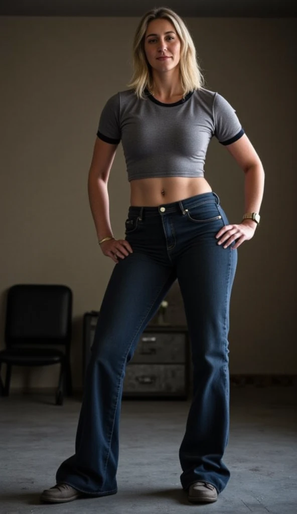 RAW, Best quality, high resolution, (masterpiece: 1.3), full body shot, Masterpiece, large muscles, Indonesian woman, short cropped hair, pretending to be a man, standing straight in a workshop, masculine stance, fierce expression, facing straight to viewer, t-shirt, long jeans, sneakers, at noon, workshop background, Great lighting, great sunlight, Bright colors, Ultra realistic clean lines, very realistic