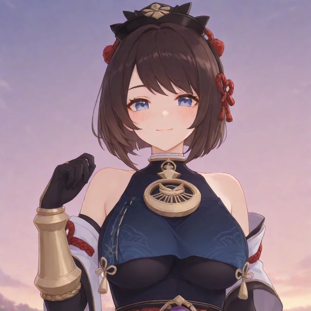 <lora:kujousara10_0.95dim32:1>, kujousaradef, upper body, smile, blush, outdoors, day, simple background, blue sky, short hair, sky, temple, looking at viewer, stairs, mountain, moody lighting, facing viewer,