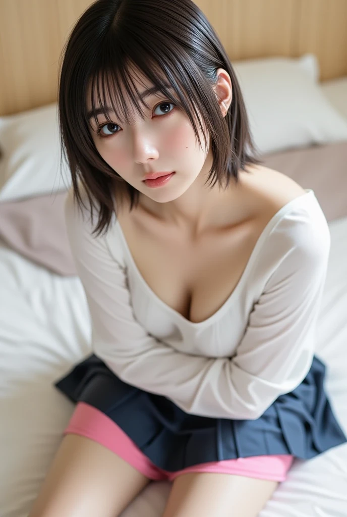 18 year old woman lying in bed、Face down on the bed、Realistic Skin、((Dark Eyes))、A faint smile、Medium Short Hair、Yoshitomo Nara, shikamimi, Chiho, mayuri shiina, A real young gravure idol, beast, , Kotegawa Yui, 8k、narumi kakinouchi
