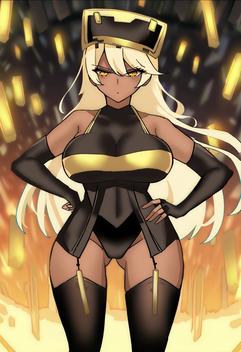 (Warrior Witch), (((masterpiece))), (((best quality))), (masterpiece: 1.3), ((16k, .RAW, sharp focus, Best detail, vibrant color strokes)) , ((8k)), ((ultra-detailed)), (1 dark-skinned human woman: 1.2), (white hair 1.3), (((Heterochromia, in the eyes, red and yellow: 1.2) )), (standing), sexy body, (tight black bodysuit: 1.2, gold lines), (leather belt and high boots: 1.2), (bracelet, earring, gold accessories), wallpaper, pinterest, (((Official art, masterpiece, ultra-detailed))), (((best quality: 1.2, intricate details, ultra-high resolution: 1.2))), model photo, (subtle cleavage), Fantasy Art, (Fantasyart), sexy body, big breasts, witchy items, front photo, cinematic photo, natural light, wallpaper, pinterest, badass image, perfect photo, volumetric lighting