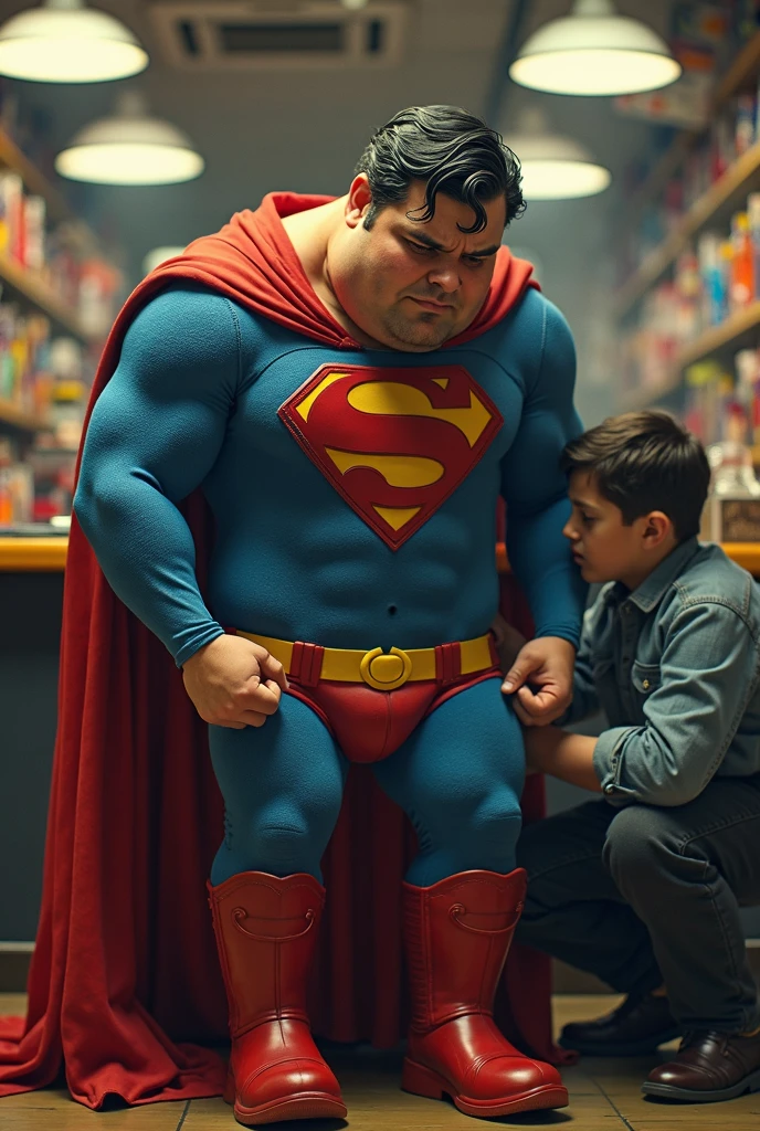bbw superheroine standing next to a boy, full bodies,