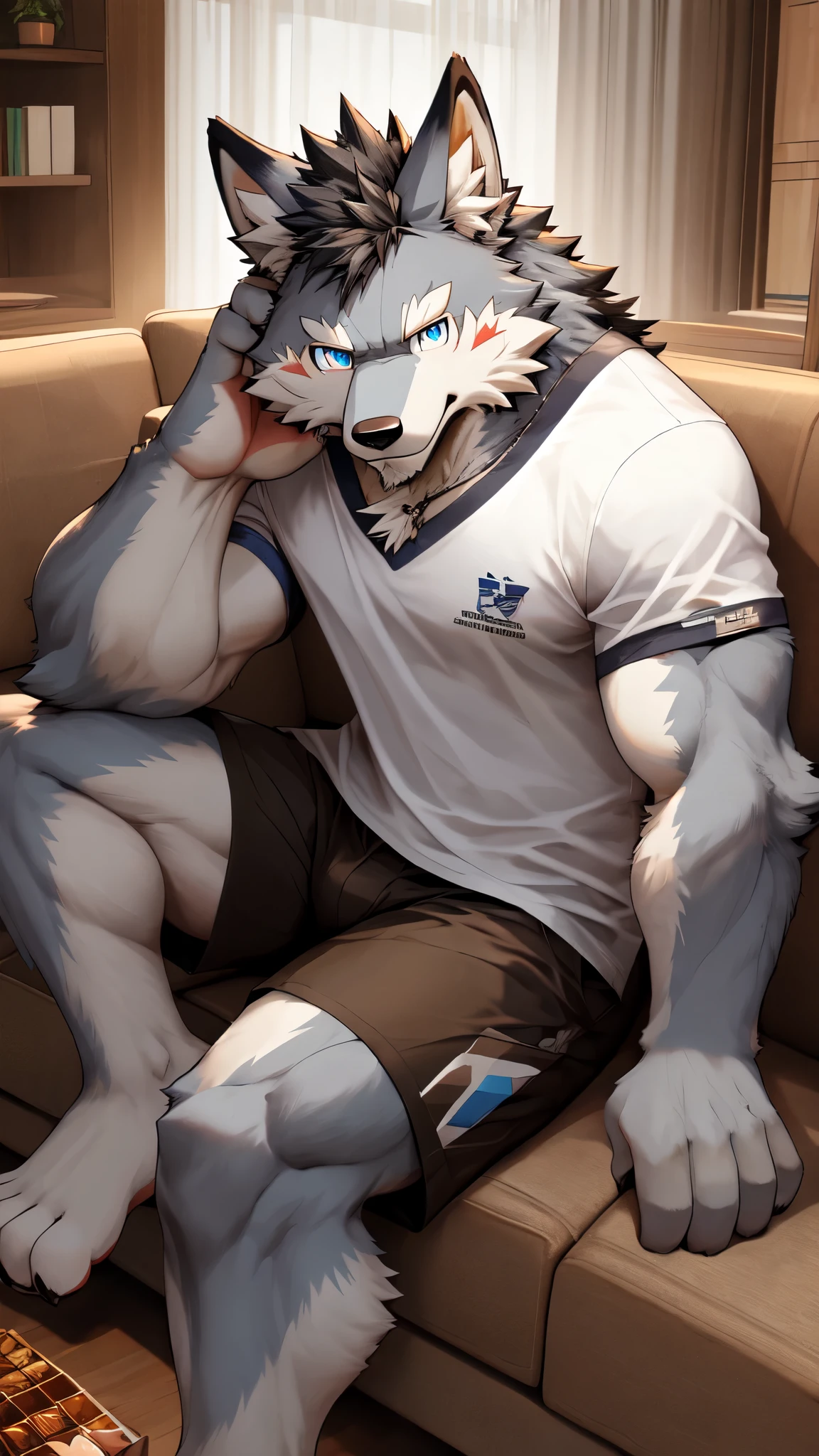 Anthropomorphic wolves，male，the strong，sports student，white fur，gray fur，Naked pectoral muscles，open top，roll up sleeves，tight shorts，Roll up the trouser legs，Seat on the bed，White sheets,bedroom，cozy room，young，young，Shota，big tail，warm light,raised buttocks,Obvious secondary sexual characteristics，high definition，high detail，high-definition，masterpiece