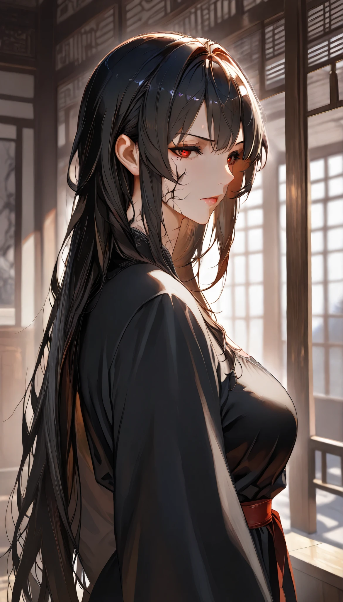 SOLO, A Female,Mature flavor,Serious,expressionless,Perfect body,Chinese Black long hair, Wearing A Black Chinese Robe(Hanfu type), In the Chinese classical Garden,Open Pose,expressionless,UHD, anatomically correct, masterpiece, textured skin, high details, highres, 1080P, 16k, accurate, Beautiful face, Perfect face, Highly detailed beautiful face and eyes, Attractive face, Detailed face, Delicate facial features, Detailed skin,From Side,Close-up,Upper Focus,Look Back,(((hbig bosom)))