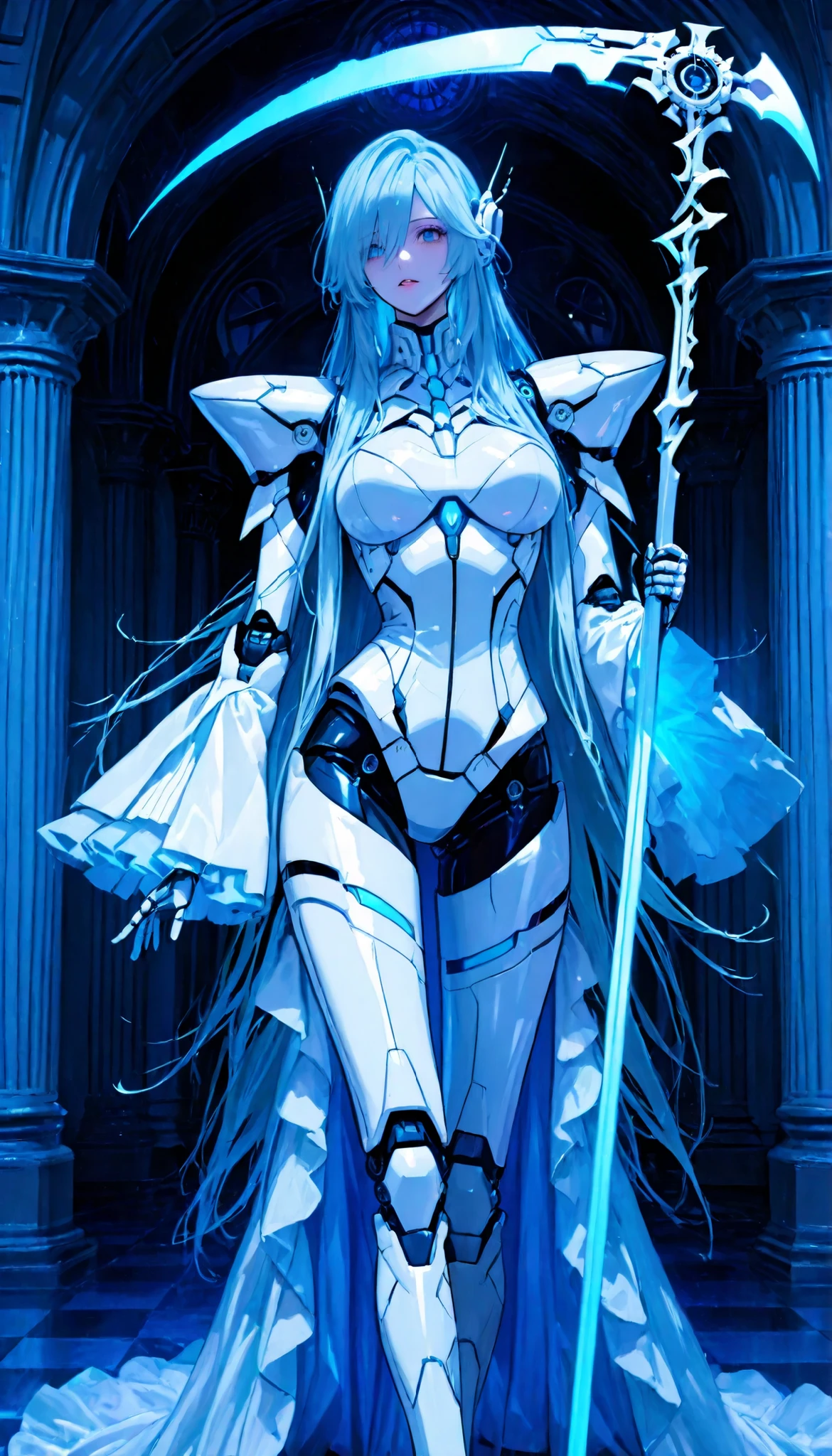 Create a futuristic setting with a female humanoid robot with a blue hologram design. The robot has long, flowing hair that glows blue, giving off an aura of advanced technology. She holds a large scythe with a long handle, a gray scythe that glows blue. The setting should depict the interior of a modern room. The atmosphere is dark and gloomy, emphasizing the symbiosis of technology and beauty