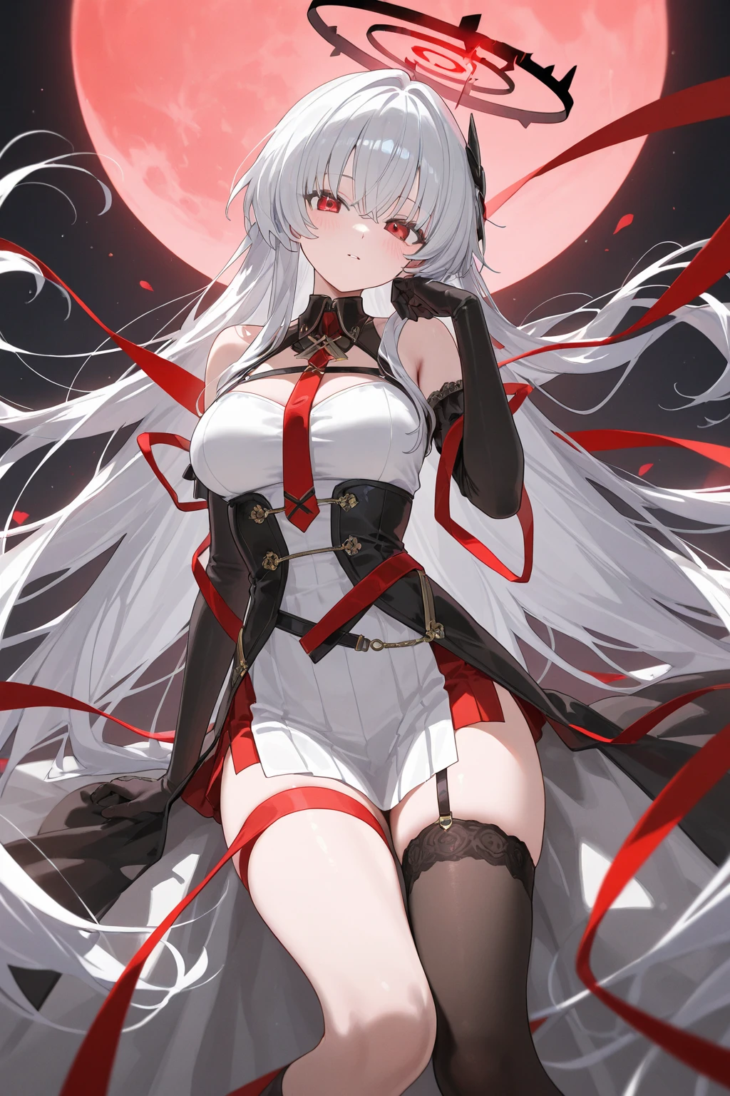 1girl, hair over one eye, one-eye covered, red eyes, white hair, long glowing eyes, leotard, black leotard, belt, white gloves, large breasts, breasts, shoes, sneakers, wide hips, serious