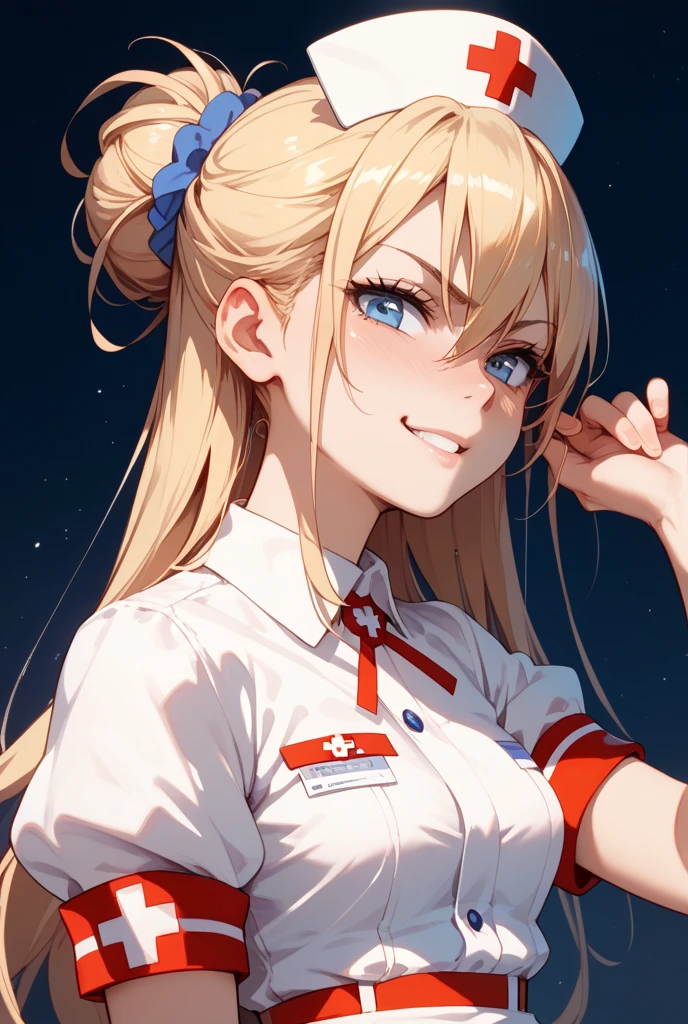 From below, Portraiture, Kind and beautiful nurse, Cool face, A shy smile, Superb proportions, She is wearing a loose cardigan over her nurse uniform., Glitter effect, fog effect、smug face、Cowboy Shot