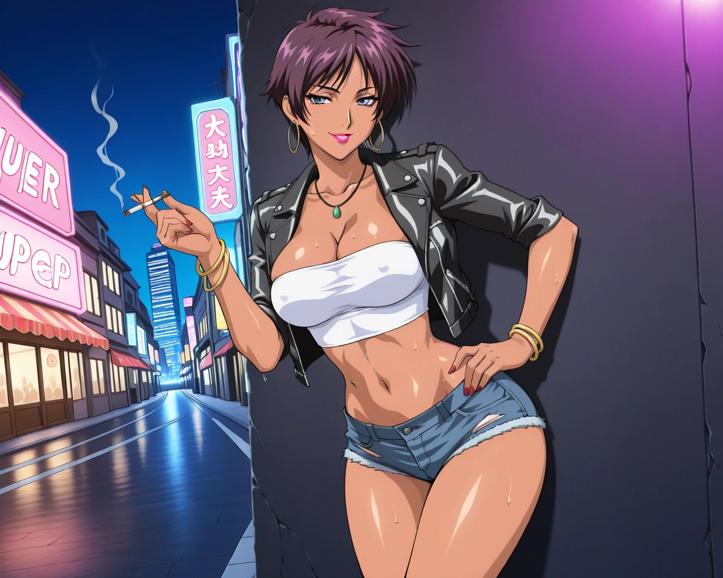 (1980s anime), a gorgeous woman, wearing purple short jacket, naked underneath it, white pants, black hair, flat cap, pendant, tattoos , alleyway setting
