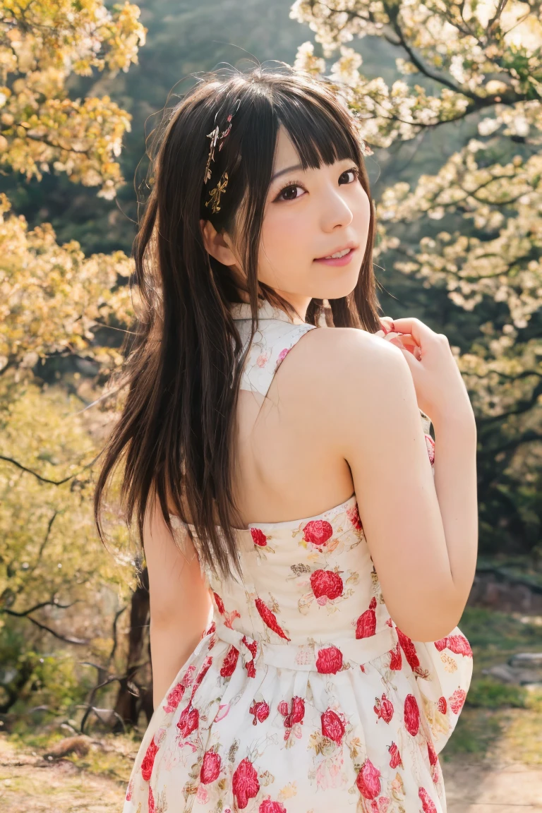 A young Asian woman in a plaid dress is turning around and posing, Wearing a magic , wearing Japanese , Japanese girl , Japanese , A young and cute gravure idol, Looking back, Young Gravure Idol, Japanese model, cute ,Wearing a pastel plaid dress, Young and thin gravure idol, portrait of a Japanese teen, Long Straight Hair, Girl with straight black hair, dancing, Posing, Jumping, Face that faithfully reproduces the face of LoRA, High resolution, Very detailed, Natural Bangs, highest quality