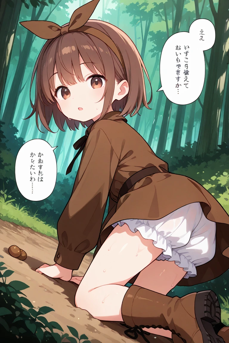 5yo Sarada upskirt, view from below, visible pussy and butt cheeks, looking down at viewer, angry, in a forest