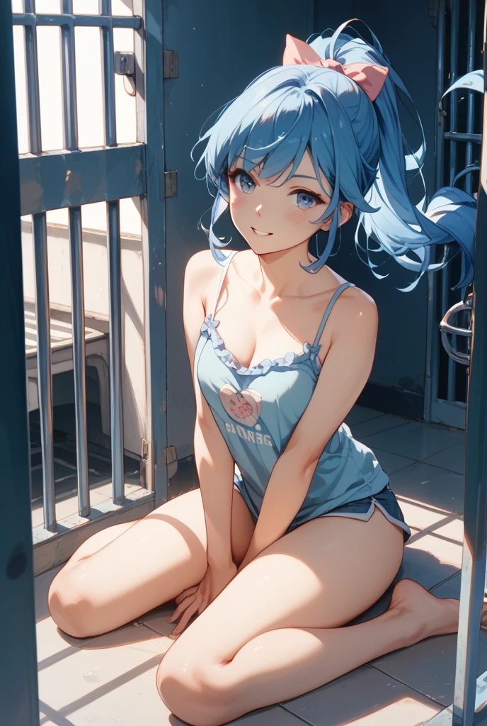 ((masutepiece)), ((Best Quality)), (Ultra-detailed), ((kawaii)), Cute, (lovely), ((Sexy)), (Ero), ((Extremely detailed)), 4K, (8K), Best Quality, (Beautiful), Anime style, Upper body, face in profile, Focus on the face, full body focus, building, on a balcony, morning, Pretty women, Solo, ((toppless:1.2)), Beautiful light blue hair, Beautiful light blue eyes, ((Beautiful eyes with highlights:1.2)), White-skinned, Short hair, Buttocks, large full breasts, wearing underpants, Triumphant look, smug look, self-satisfied look, Wind-effect, shiny-glistening, gleaming, reflection effect